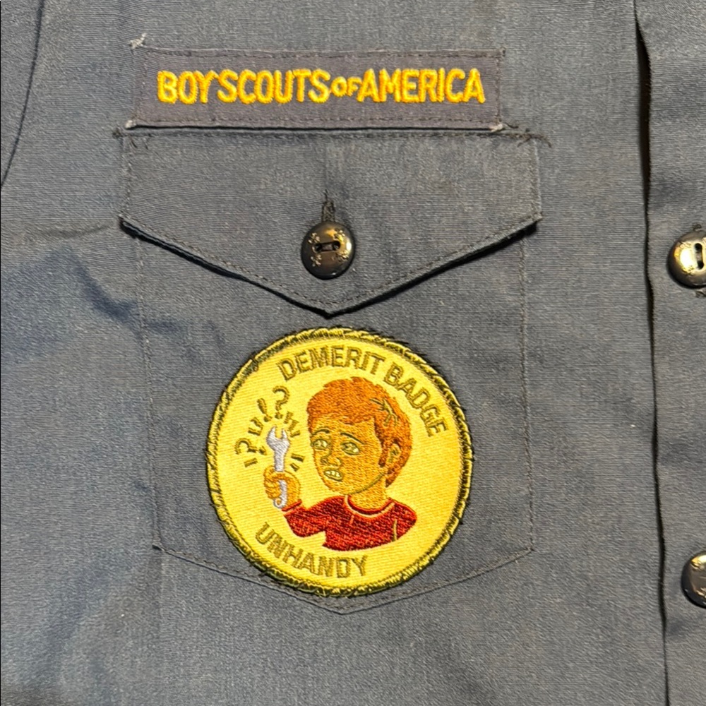 BOY SCOUTS of AMERICA Navy Blue Uniform Dress‎ Shirt 'Unhandy' Demerit Badge Y/L - Picture 2 of 12